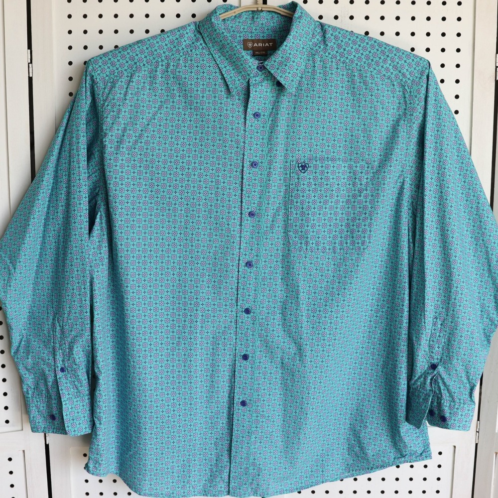 ARIAT Turquoise Blue Long Sleeve Button Down Shirt Blue Western Mens SIZE XXL